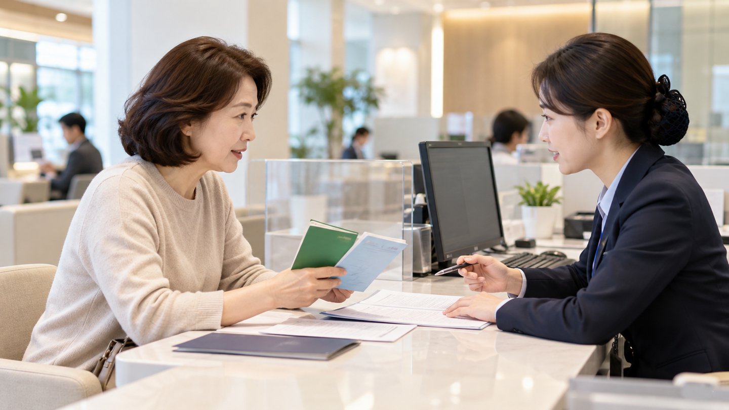 은행 창구에서 통장과 서류를 확인하는 모습 (AI 제작 이미지)