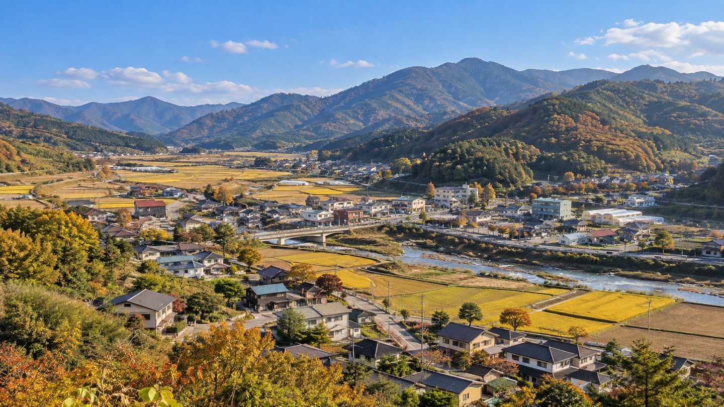 산과 논, 주택이 함께 보이는 지방 소도시 전경 (AI 제작 이미지)